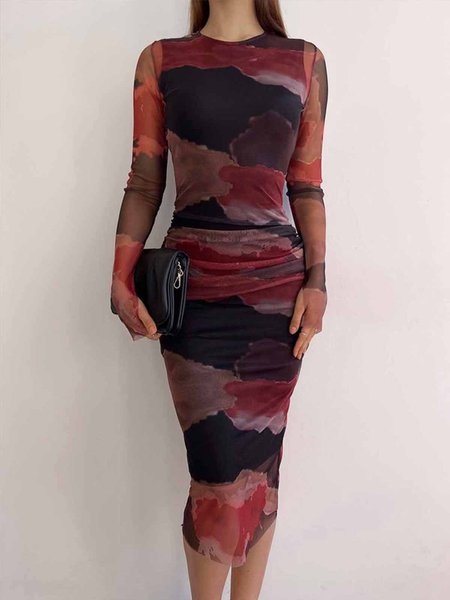 

Regular Fit Elegant Abstract Crew Neck Dress, As picture, Midi Dresses