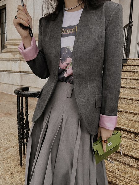 

Long sleeve Elegant Regular Fit V Neck Blazer, Gray, Blazers