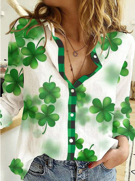 

Shirt Collar Casual Four-Leaf Clover Loose Blouse, Green, Shirts & Blouses