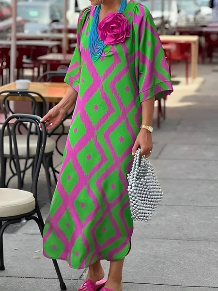 

Geometric Print Vacation V Neck Loose Dress, Green, Maxi Dresses