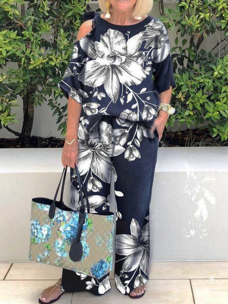 

Loose Casual Crew Neck Floral Two-Piece Set, Blue, Tops