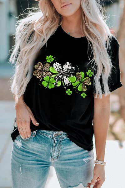 

Loose Shamrock Crew Neck Casual T-Shirt, Black, T-Shirts