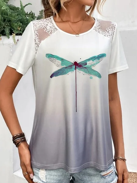 

Dragonfly Lace Casual Crew Neck T-Shirt, Multicolor, T-Shirts