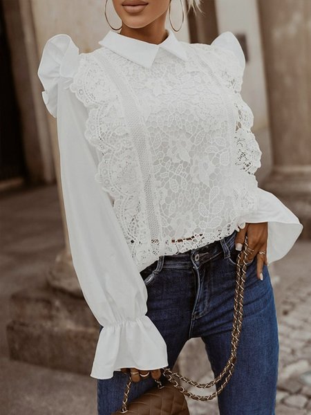 

Plain Shirt Collar Lace Elegant Blouse, White, Blouses and Shirts