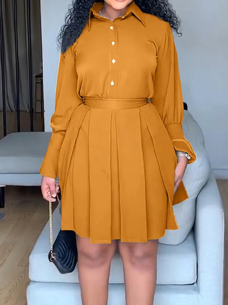 

Elegant Shirt Collar Long sleeve Plain Skirt Dress, Yellow, Mini Dresses
