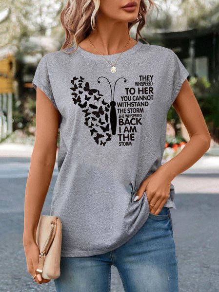 

Crew Neck Casual Loose Knitted T-Shirt, Gray, T-Shirts