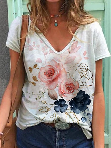 

Casual Floral Loose T-Shirt, White, T-Shirts