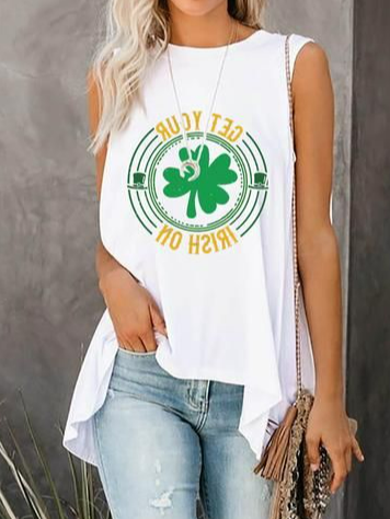 

Four-Leaf Clover Loose Casual Crew Neck Tank Top, White, Tanks & Camis