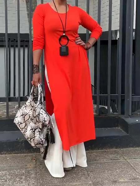 

High Elasticity Regular Fit Urban Crew Neck Three Quarter Mid-long Shirt, Red, Blouses and Shirts