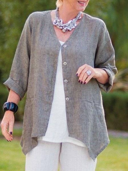 

Buttoned Casual Striped Kimono, Gray, Cardigans