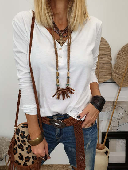 

Casual Buckle V Neck Shirt, White, T-Shirts