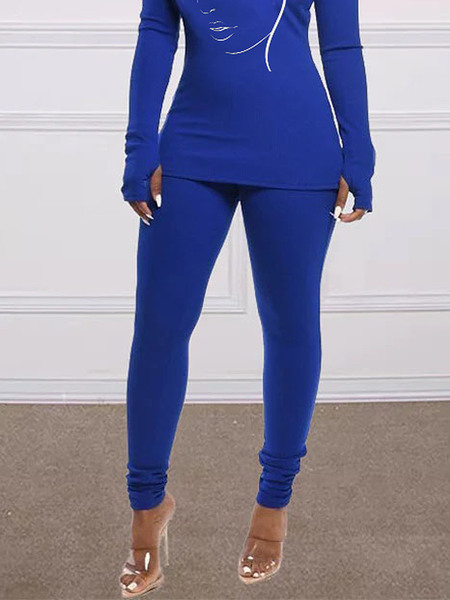 

Tight High Elasticity Plain Casual Long Leggings, Blue, Pants