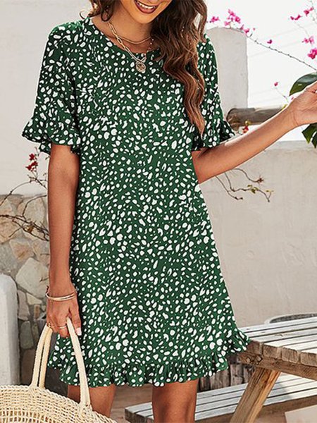 

Crew Neck Ruffled Sleeves Elegant Leopard Dress, Green, Mini Dresses