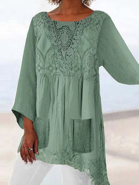 

Lace Casual Loose Plain Shirt, Green, Shirts & Blouses