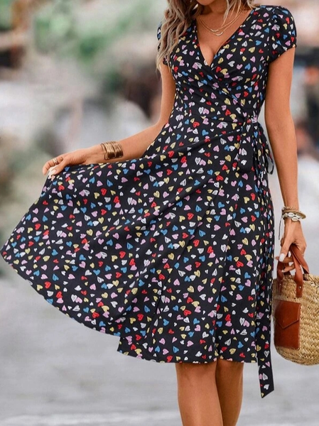 

Regular Fit Heart/Cordate V Neck Casual Dress, Multicolor, Dresses