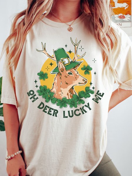 

Shamrock Crew Neck Loose Casual T-Shirt, Apricot, Tees & T-shirts