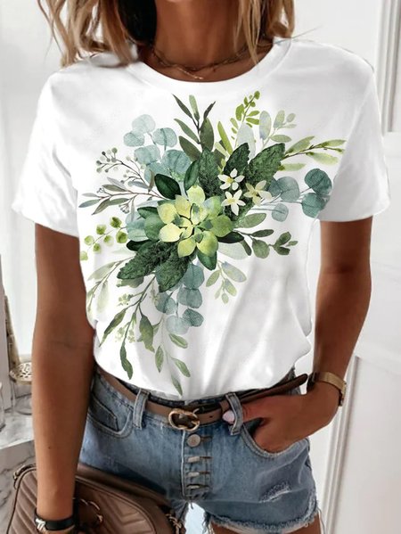 

Floral Casual Loose Crew Neck T-Shirt, White, T-Shirts
