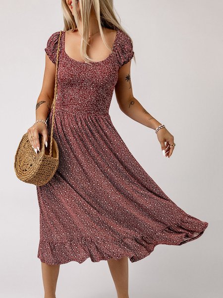 Boho Regular Fit Square Neck Star Dress, Red, Dresses