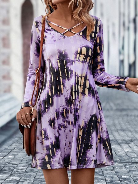 

Tie-Dye Pattern Casual Knitted Dress, Purple, Dresses