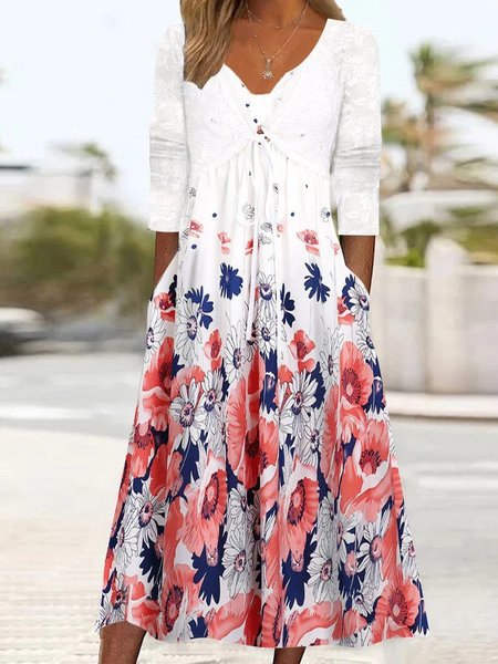 

Loose Floral Casual V Neck Dress, Multicolor, Dresses