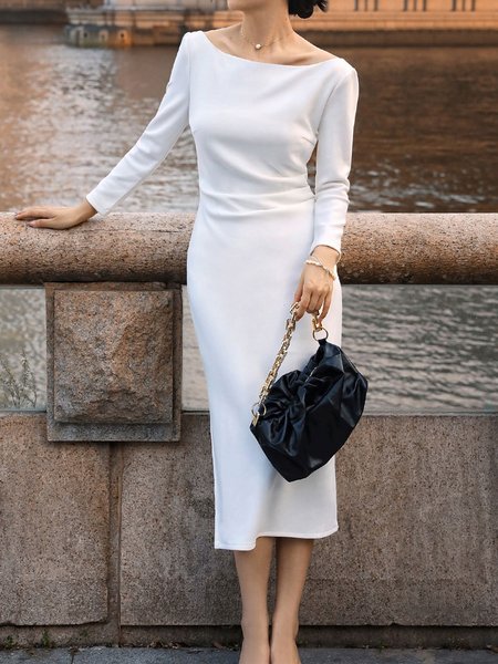 

Plain Elegant Crew Neck Long sleeve Dress, White, Midi Dresses