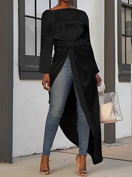 

Plain Crew Neck Knot Front Urban Top, Black, Blouses and Shirts