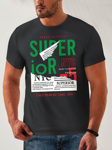 

Cotton Letter Round Neck Casual T-Shirt, Deep blue, Men's t-shirts