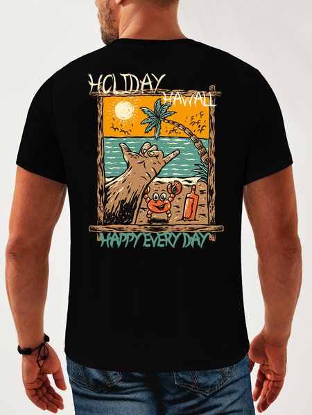 

Hawaiian Cotton Crew Neck Casual T-shirt, Black, Men's t-shirts