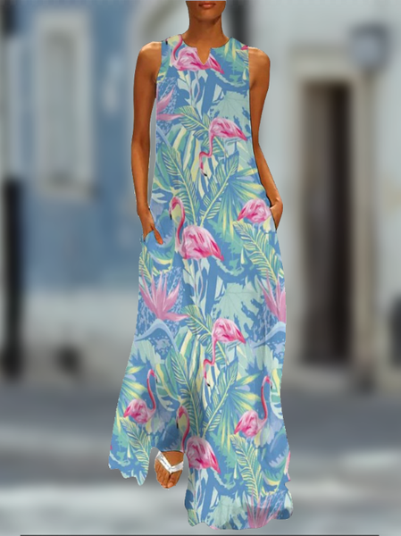 

Tropical Flamingo Print Sleeveless Vacation Summer Maxi Hawaiian Dress, Multicolor, Dresses