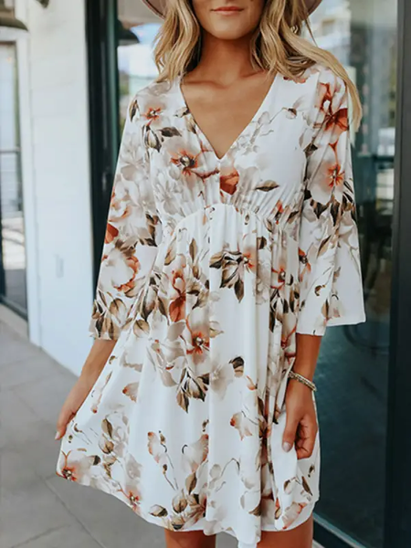 

Floral Loose V Neck Boho Dress, Multicolor, Dresses