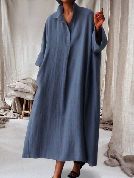 

Loose Cotton And Linen Casual V Neck Dress, Blue, Dresses
