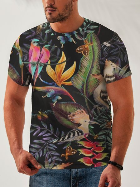

Leaves Crew Neck Casual T-Shirt, Black, Men's t-shirts