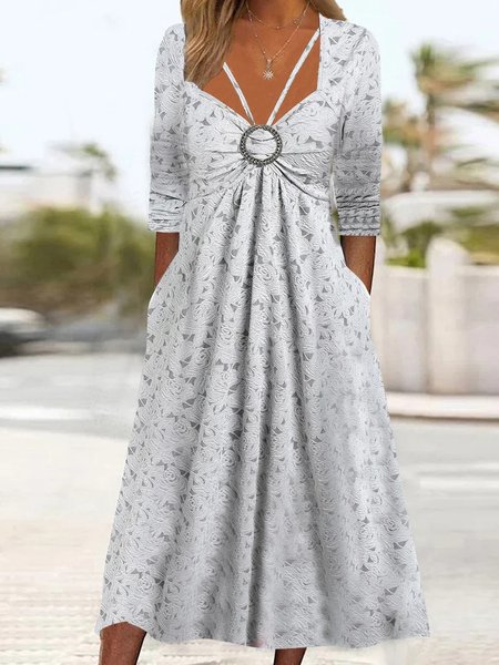 

V Neck Casual Loose Floral Dress, Gray, Dresses