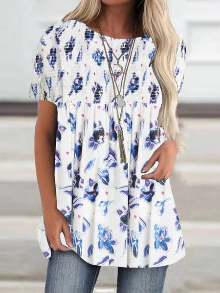 

Loose Floral Crew Neck Casual T-Shirt, White, T-Shirts