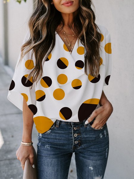 

Loose Polka Dots Urban V Neck Blouse, White, Blouses and Shirts