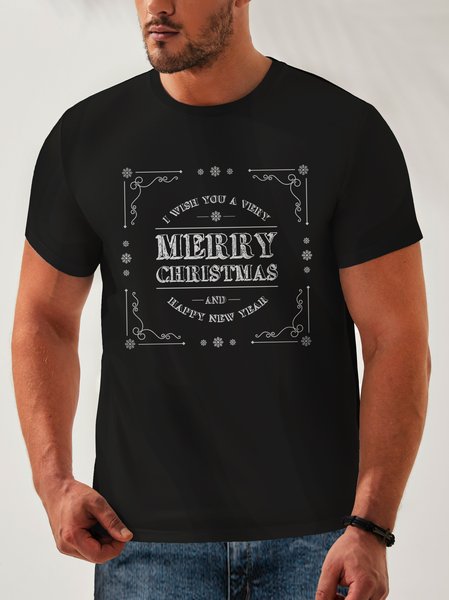

Cotton Letter Round Neck Casual T-Shirt, Black, Men's t-shirts