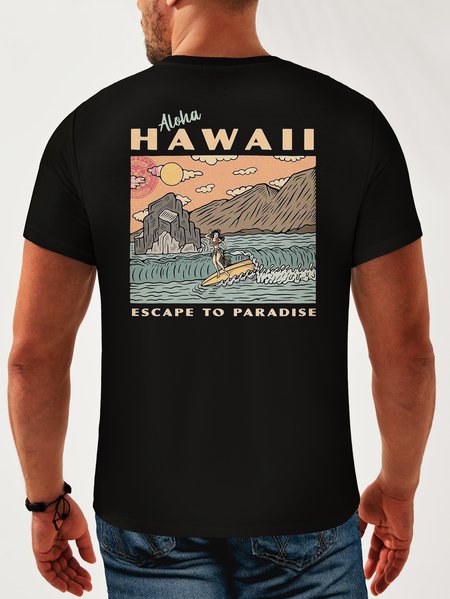 

Hawaiian Cotton Crew Neck Casual T-shirt, Black, Men's t-shirts
