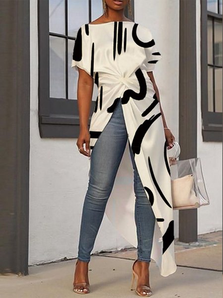 

Urban Abstract Print Crew Neck Knot Front Top, Off white, Blouses and Shirts