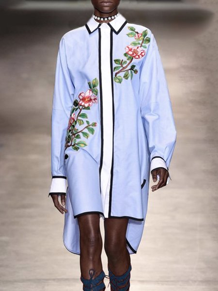 

Daily Long sleeve Elegant Color Block Shirt Collar Dress, Blue, Midi Dresses
