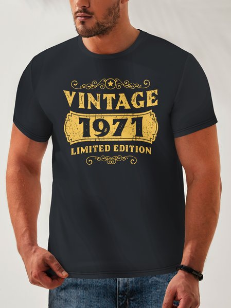

Cotton Letter Round Neck Casual T-Shirt, Deep blue, Men's t-shirts