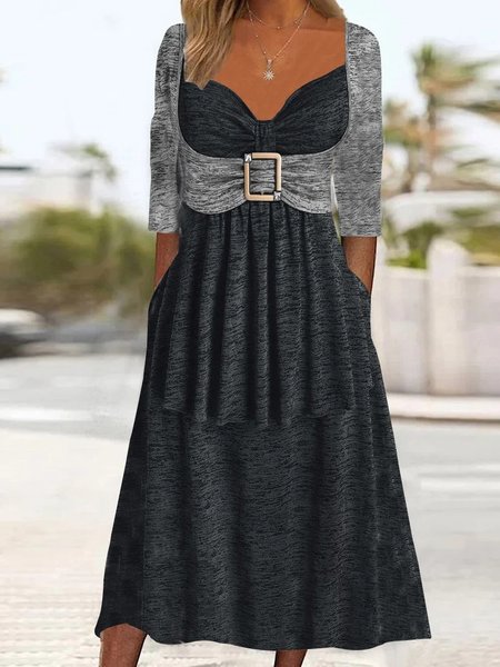 

Plain Loose Casual V Neck Dress, Deep gray, Dresses