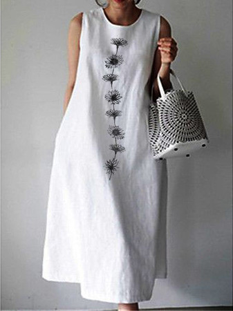 

Crew Neck Floral Casual Cotton And Linen Dress, White, Dresses