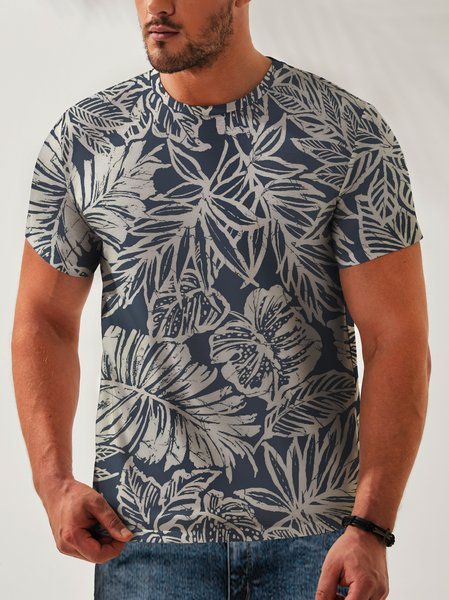 

Leaves Neck Casual T-Shirt, Blue, Men's t-shirts