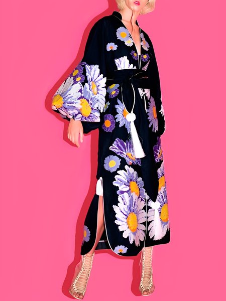 

Floral Stand Collar Elegant Long sleeve Dress, Black, Maxi Dresses