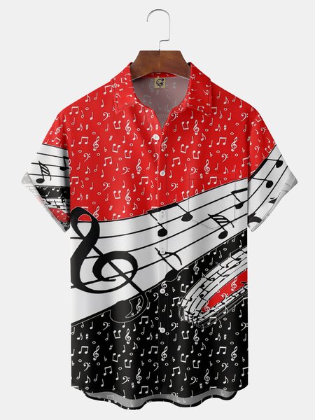 

Musical Note Chest Pocket Short Sleeve Casual Shirt, Red, Men Shirts