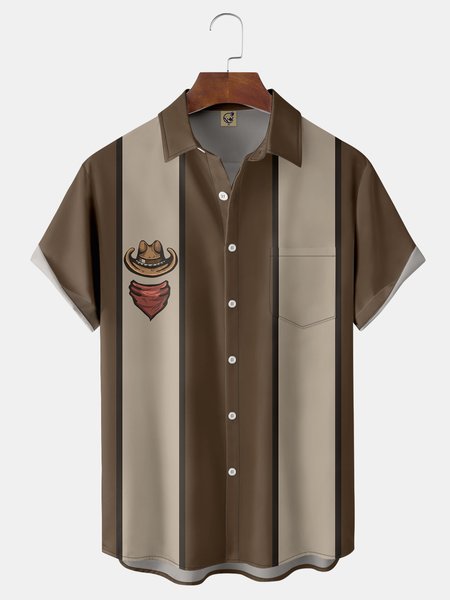 

Racing Chest Pocket Short Sleeve Bowling Shirt, Brown, Men Shirts