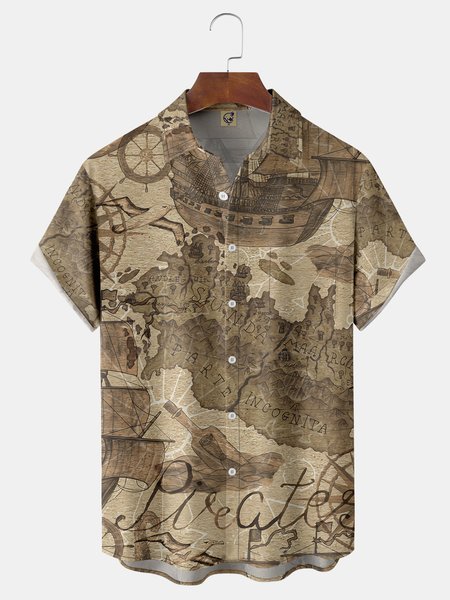 

Map Sailing Chest Pocket Short Sleeve Hawaiian Shirt, Brown, Men Shirts