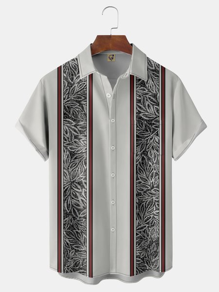

Geometry Chest Pocket Short Sleeve Bowling Shirt, Gray, Men Shirts