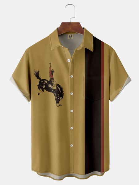 

Racing Chest Pocket Short Sleeve Bowling Shirt, Khaki, Men Shirts