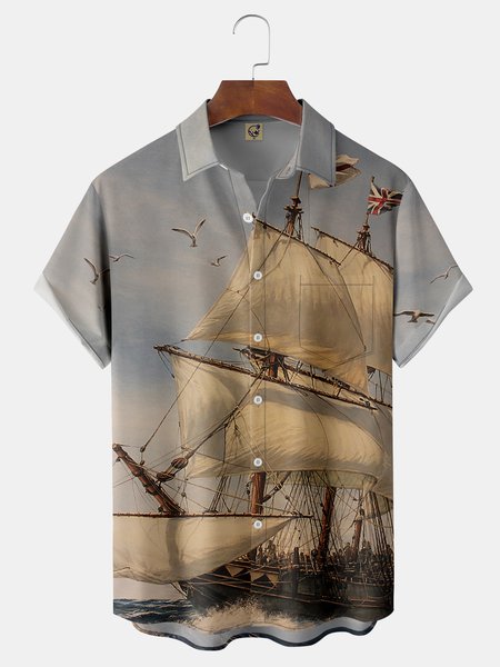 

Sailing Chest Pocket Short Sleeve Hawaiian Shirt, Light blue, Men Shirts